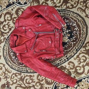 Cherry Red Leather Motorcycle Jacket Retro Biker Leather King 80s 90s Bikercore